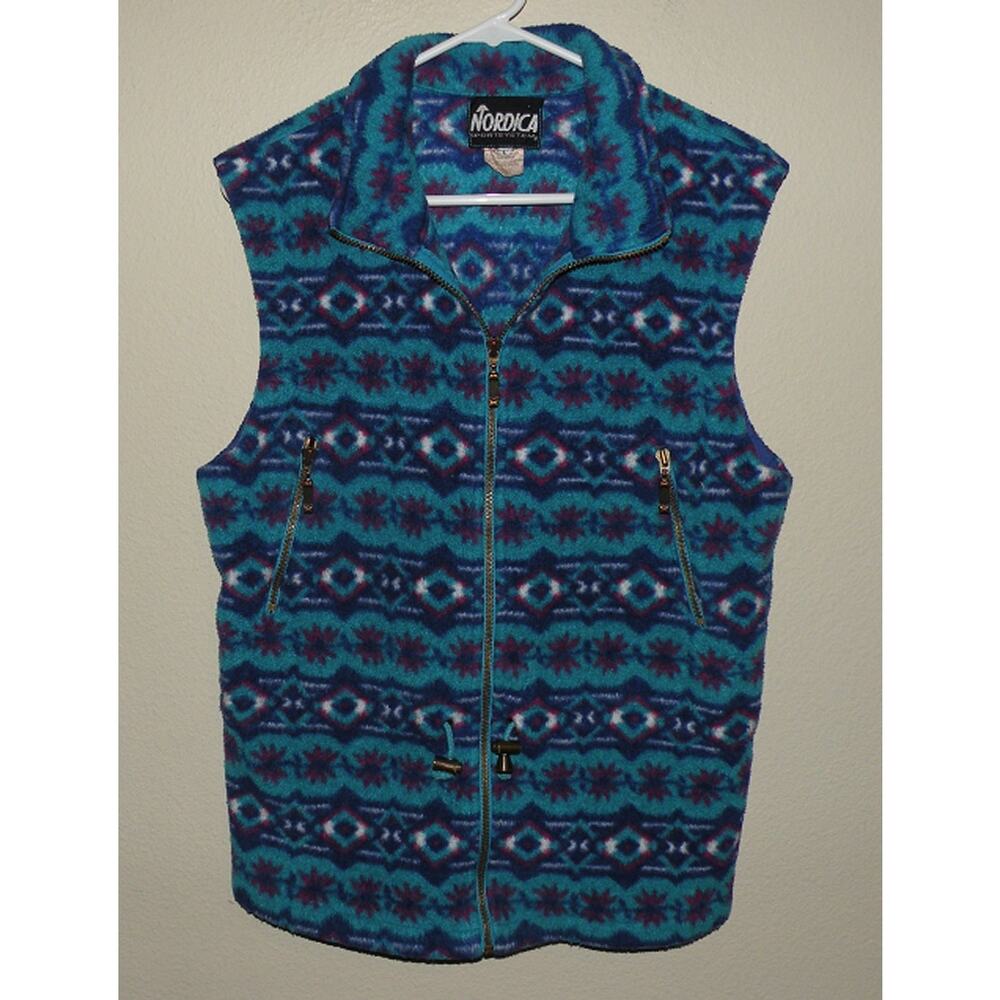 Vtg Nordica Women's Large Full Zip Fleece Vest Blue Snowflake Pattern Made USA